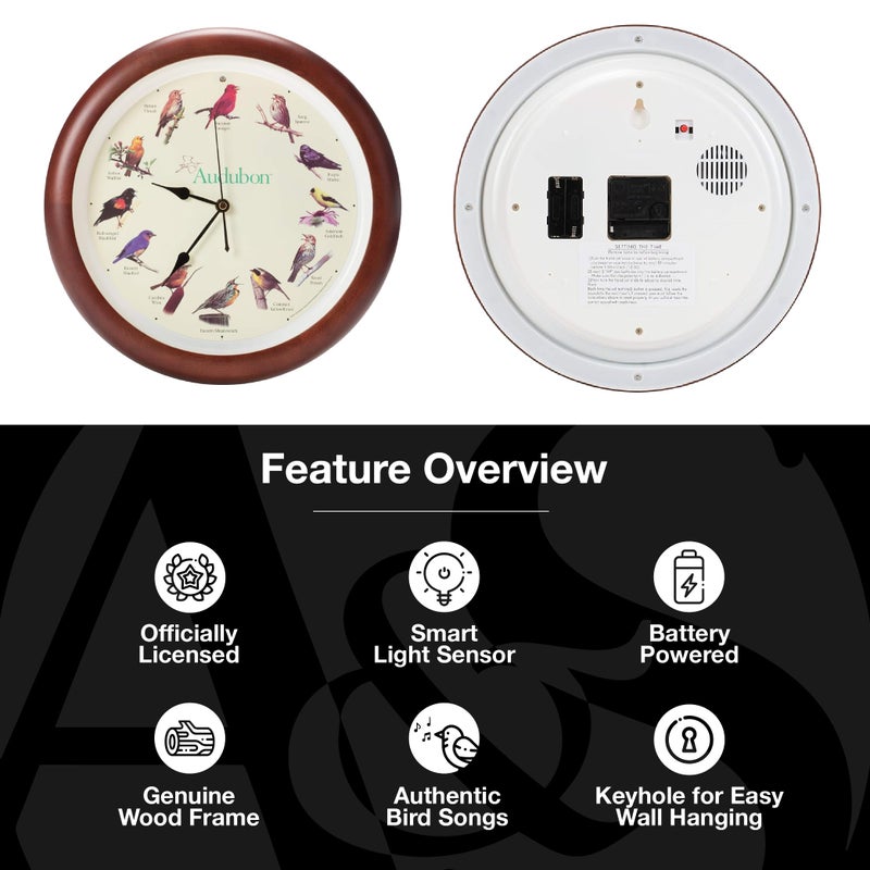 Mark Feldstein & Associates Mark Feldstein, Audubon Singing Bird Wall Clock, 13 Inch, Premium Cherry - Image 3